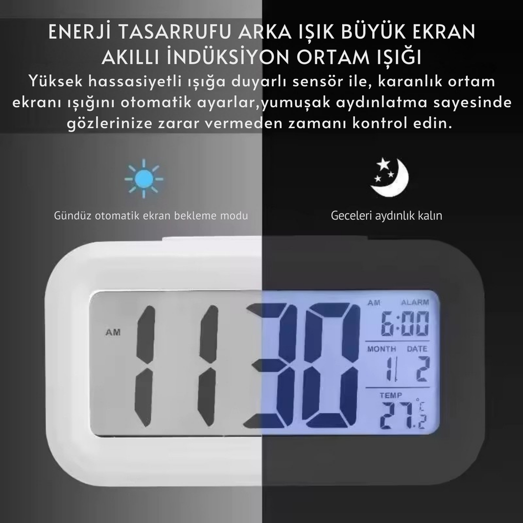 Öğrenci Dijital Masa Saati Fotoselli Alarmlı Işıklı Termometre Takvim Çalar Saat Akıllı Uyandırma